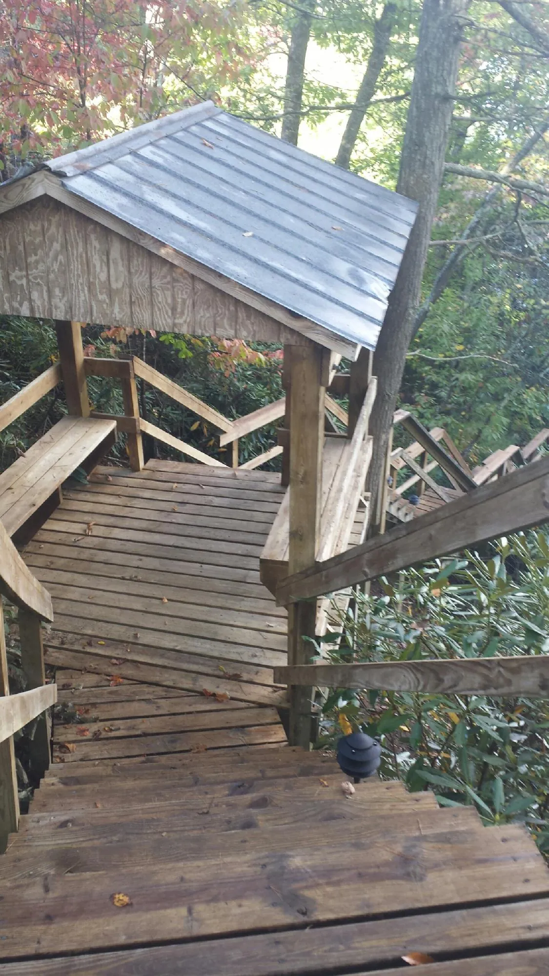 Metal roofed shelter over wooden steps on a wooded walkway — Skylight Repair & Installation work by our crew in Ramer